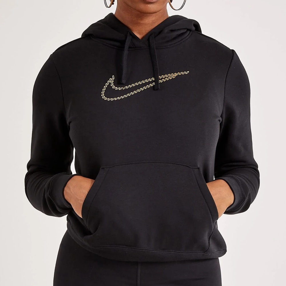 🔥 NEW NIKE CLUB FLEECE SHINE PULLOVER HOODIE BLACK/GOLD Women S